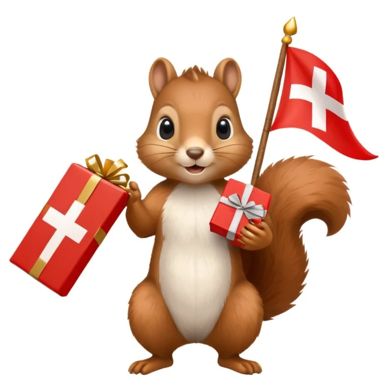 a squirrel holding a red gift box in one hand and a Swiss flag in the other, both objects clearly visible, simple white background emoji