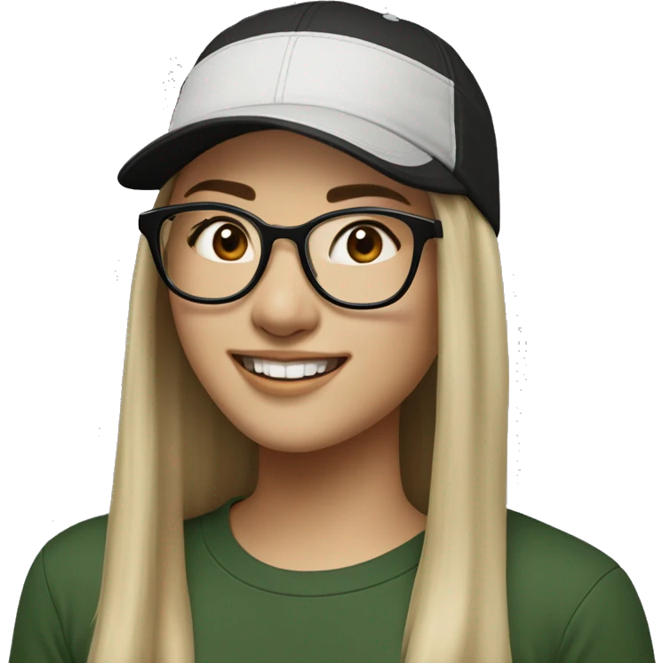 Hyper realistic, look from side, asian adult woman, light white skin, smiling with teeth, black eyes, spotted frame glasses, long light brown straight hair, black T-shirt, dark green cap. emoji