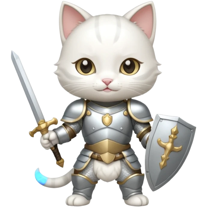 baby chibi white cat in silver armor, full body, smile, hold sword emoji