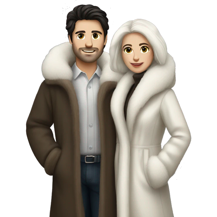 Dark haired White couple in long fur coats emoji