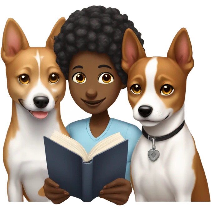 Black girl, white guy and basenji studying together emoji