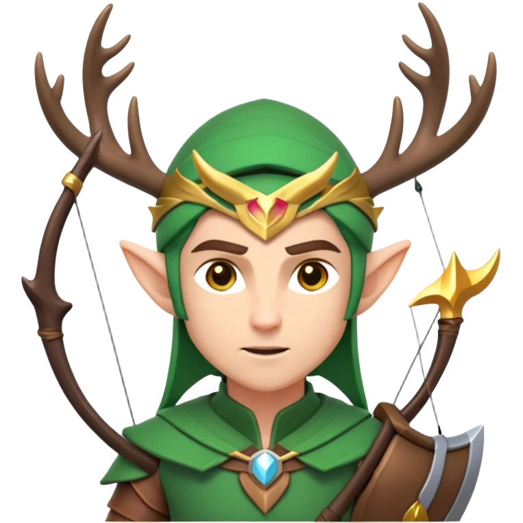 clash-of-clans-aesthetic-focused-elf-archer-portrait-emoji, rendered in a flat, vector-style similar to standard emojis with minimal shading and bold, simplified shapes, head tilted slightly forward with a determined, focused expression, riding a majestic stag with antlers glowing faintly with mystical energy. emoji