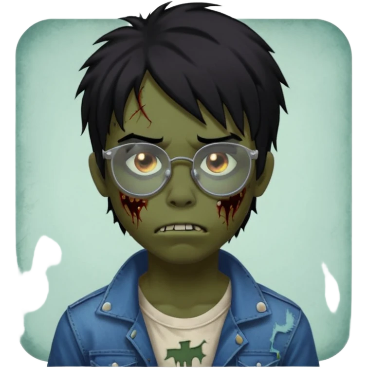 Boy, zombie, black hair, medium long, emo, shaggy, dark, spooky, creepy expression emoji, add transparent glasses, a risk on the eyebrow, some tattos emoji