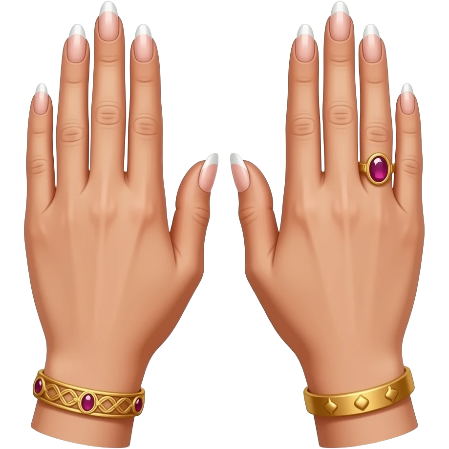 Two hands holding the position for dua in Islam, white elegant woman hands with acrylic nails and golden jewellry bracelet and a van cleeef bracelet too and a ruby ring, showing the palms of the hands to me, facing palms showing palms emoji