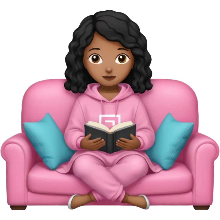 Una chica linda de cabello negro con ondas hasta los hombros de piel blanca con una sudadera rosa en un sofá cómodo y hermoso leyendo la biblia emoji