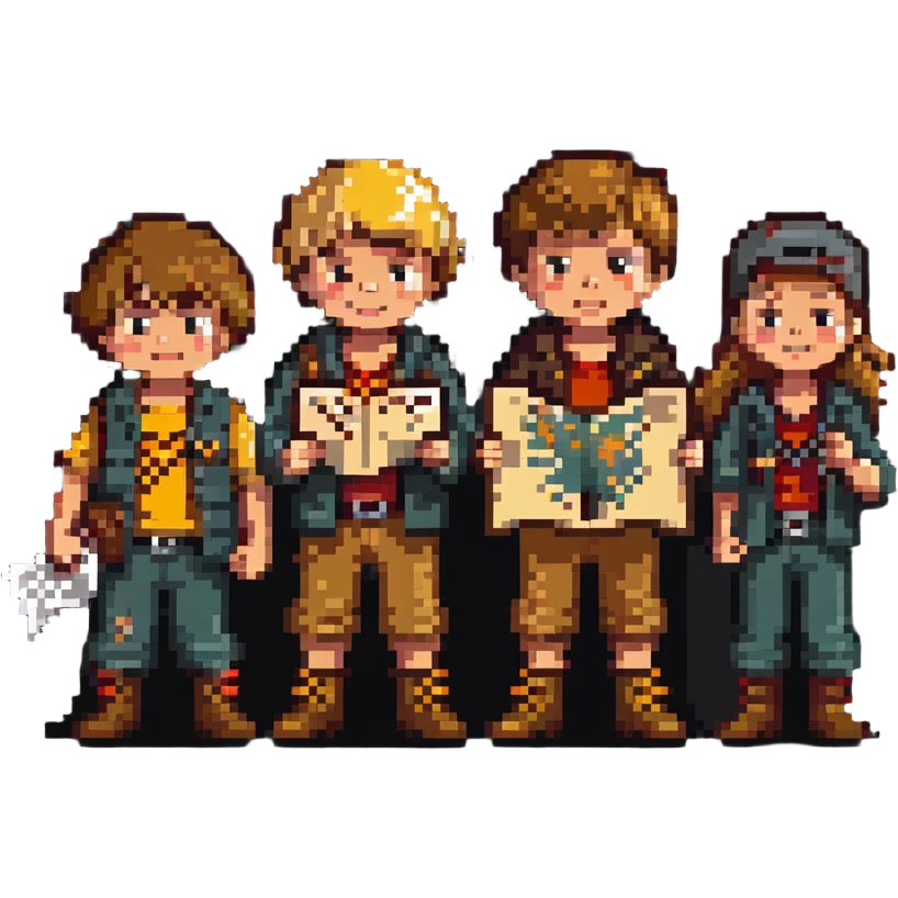 group of kids from the Goonies movie with treasure map emoji