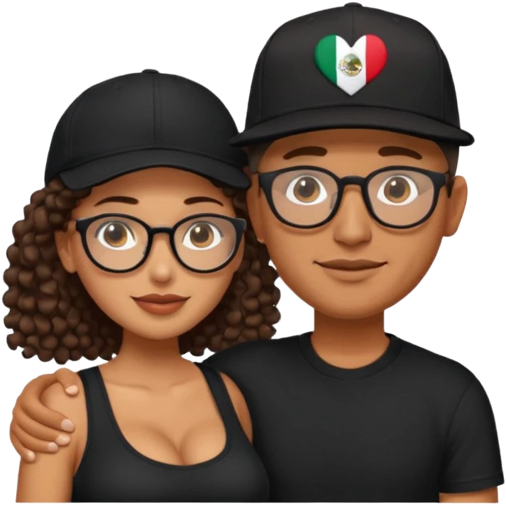 A picture of an embracing tanned couple. the man is a Mexican man with tanned skin, with a bald hair cut wearing a SnapBack hat and a black shirt. the woman is mixed, with long curly dark brown hair and with big boobs and eyeglasses  emoji