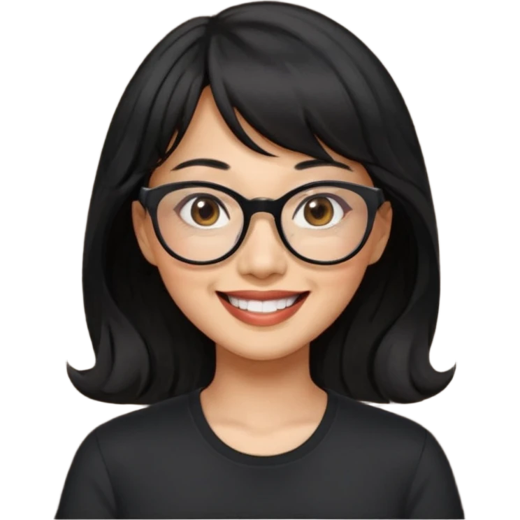 40 yr old asian woman wavy black hair bangs big glasses big smile tanned skin brown eyes emoji