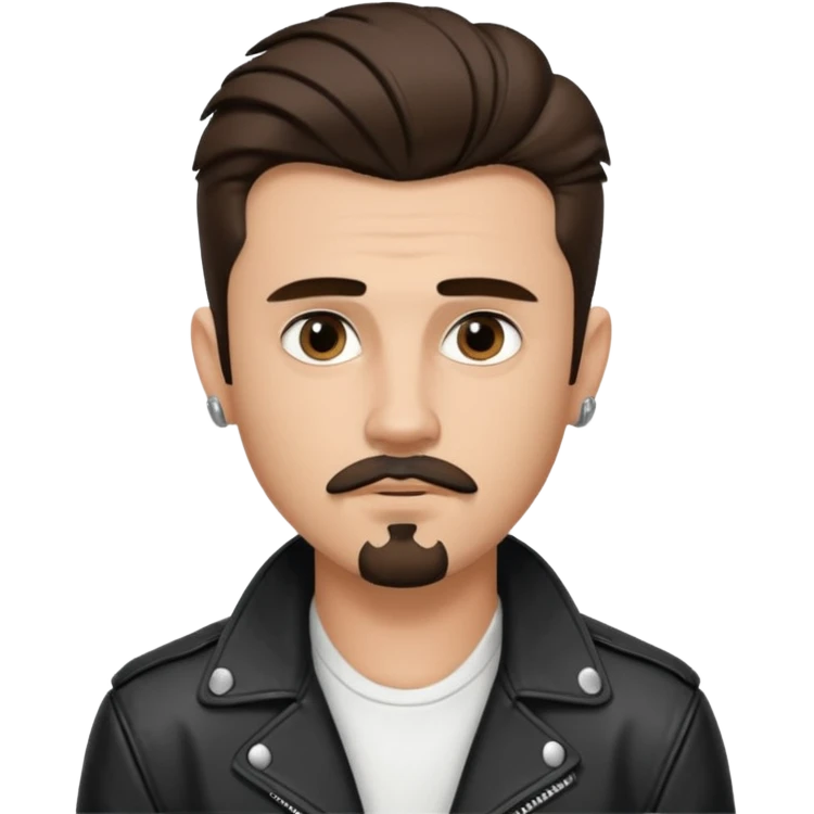 generate emoji style guy with slick James dean hair with front tendrils, mustache and goatee facial hair, wearing a white shirt and a black leather jacket , several silver piercings in ear, with dark brown hair and make eyes more almond shaped inspired by the image I shared emoji