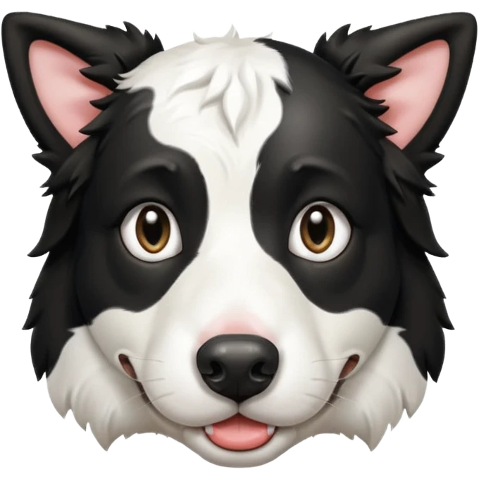 A black and white border collie has the hoof of a cow in her mouth. emoji