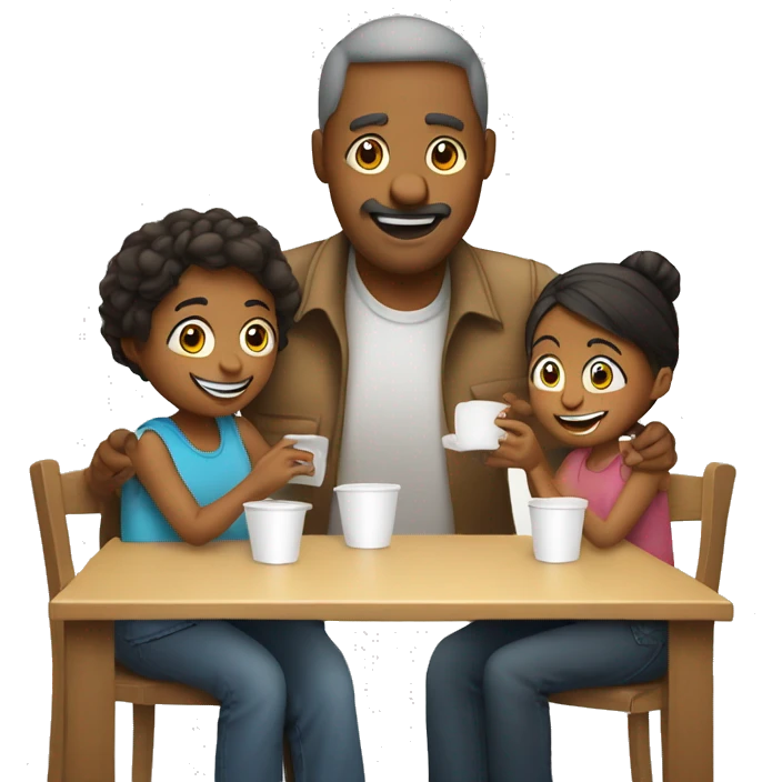 An emoji of a family—mother, father, and child—sitting at a table, playing a cup game with paper cups arranged on the table as they have fun together emoji