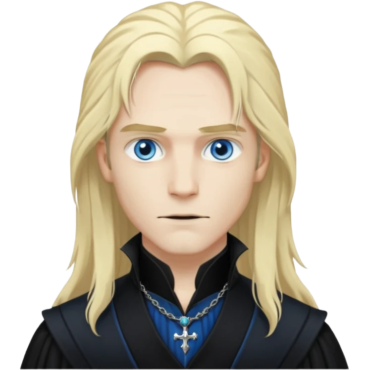 Lestat de Lioncourt with white skin, blue eyes , long blonde hair, black outfit emoji