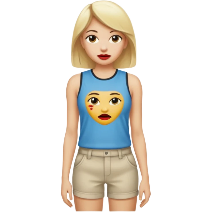 Haz una mujer,rubia,de piel blanca y con short y playera corta sin mangas con cara sexy emoji
