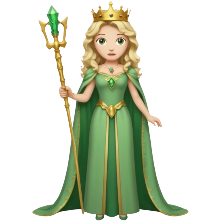 Queen, crown, blonde wavy hair, green eyes, long green narrpw dress, whole Body, emoji