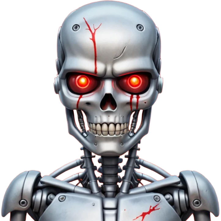 Terminator close-up, realistic, red glowing eye, damaged skin revealing endoskeleton, inspired by the 'I'll be back' scene emoji