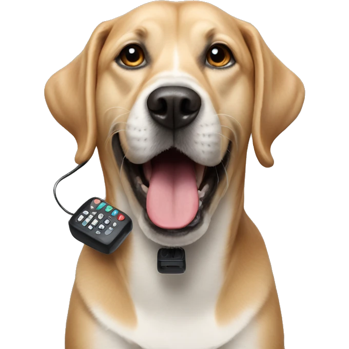 A dog with a black remote control in his teeth  emoji