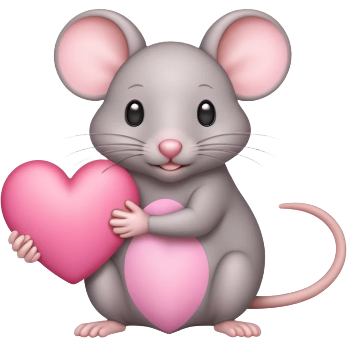 A light gray mouse holds a pink heart in its paws. emoji