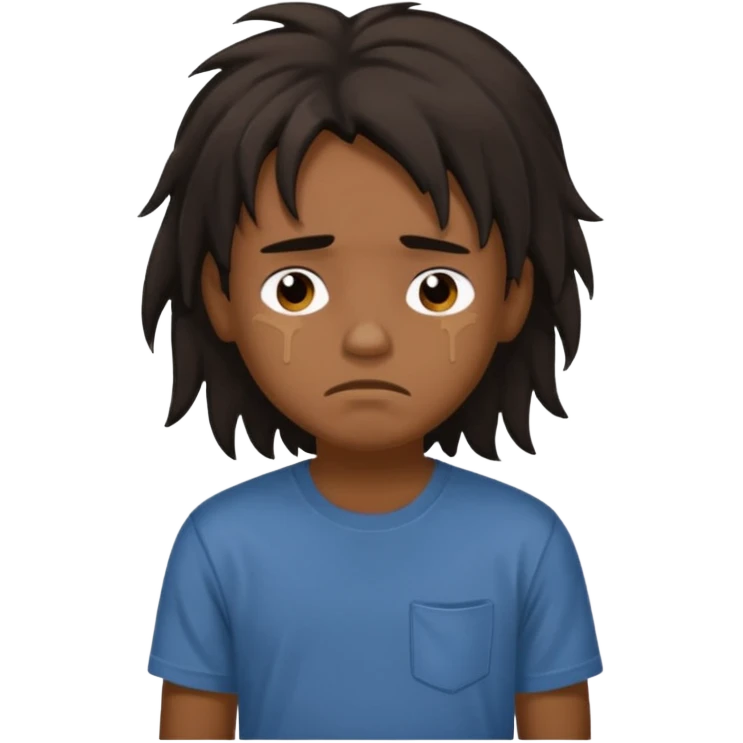 generate a pretty bratz brown skinned boy with black messy long hair wearing a brown tshirt in bed. Looking sleepy emoji