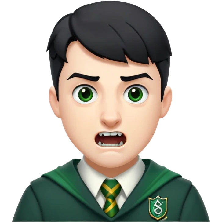 Jamie Yeates is Marcus Flint in harry potter, wear hogwarts slytherin uniform, short black hair, bulky face, often grimacing and showing buck teeth growl menacingly emoji