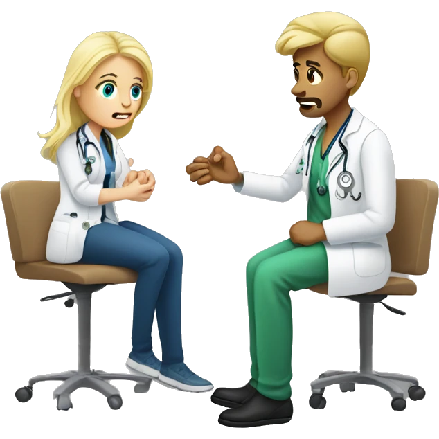 Scared white masculine male patient with a blonde female doctor examining his foot emoji