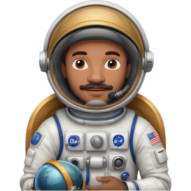 Mustached astronaut  black man holding helmet in his hand, emoji