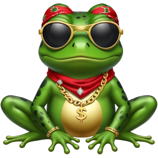 thug life frog wearing black sunglasses, gold chain, bandana, dollar sign bling emoji