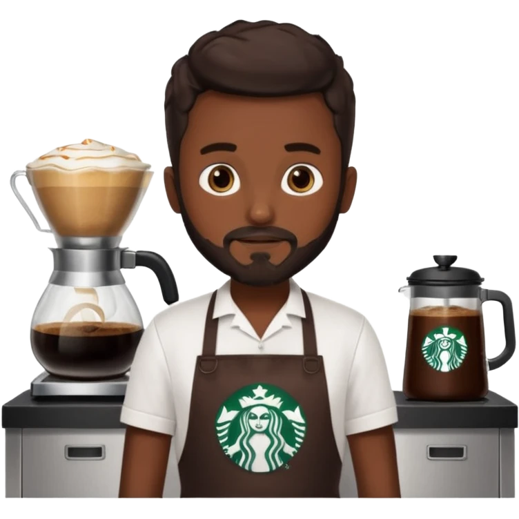 A Starbucks Barista with Black Coffee Master Apron. Boy has trimmed Beard Black emoji