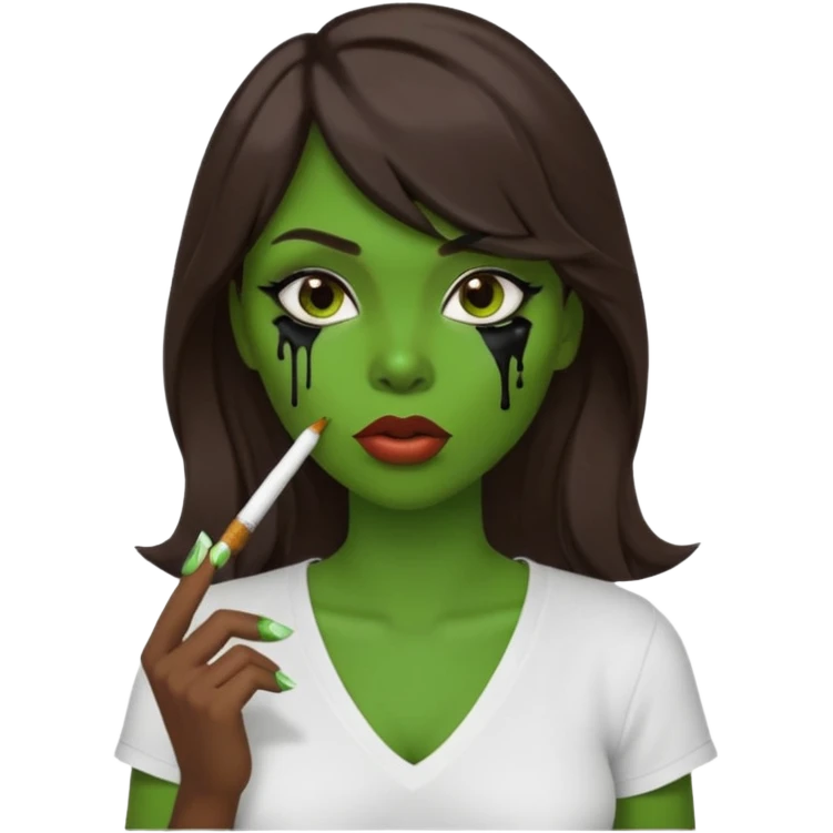 {
  "prompt": "3D cartoon-style green-skinned girl with long brown hair and a side-swept bang. Large brown eyes with black dripping makeup, white V-neck shirt, cigarette in her mouth, dark background. Same proportions and style as the original description.",
  "size": "1024x1024"
} emoji