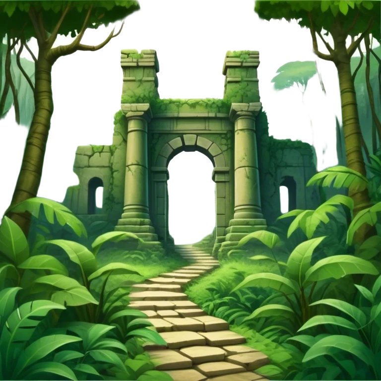 Icon for Adventure Movie: A vintage movie poster-style design with a jungle clearing path, dense foliage surrounding it. In the distance, ancient ruins peek through the trees. The atmosphere is mysterious and adventurous, with soft light cutting through the trees. Transparent background. emoji