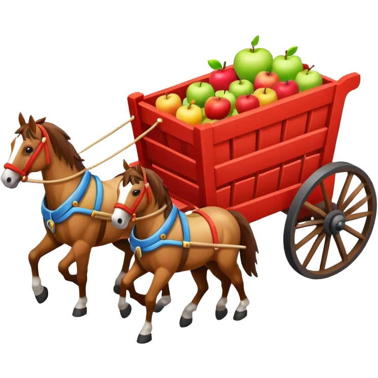 isometric horses pulling a colorful cart, apple emoji style emoji