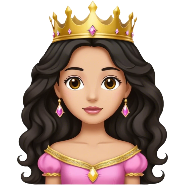 Very very tanned princess, with long black wavy hair and crown and an pink princess outfit emoji