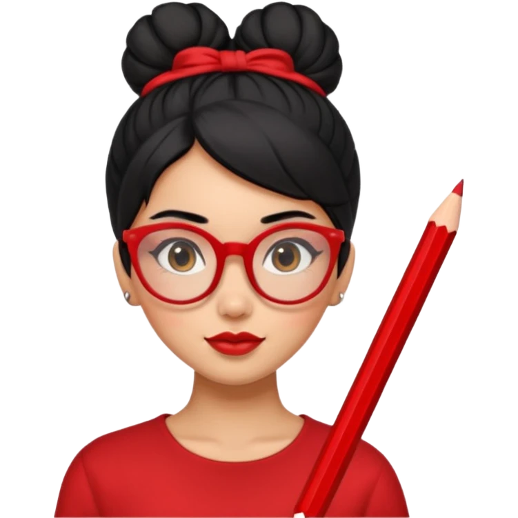 Morena girl with black hair in a pencil that creates a high bun hairstyle. She has red glasses emoji