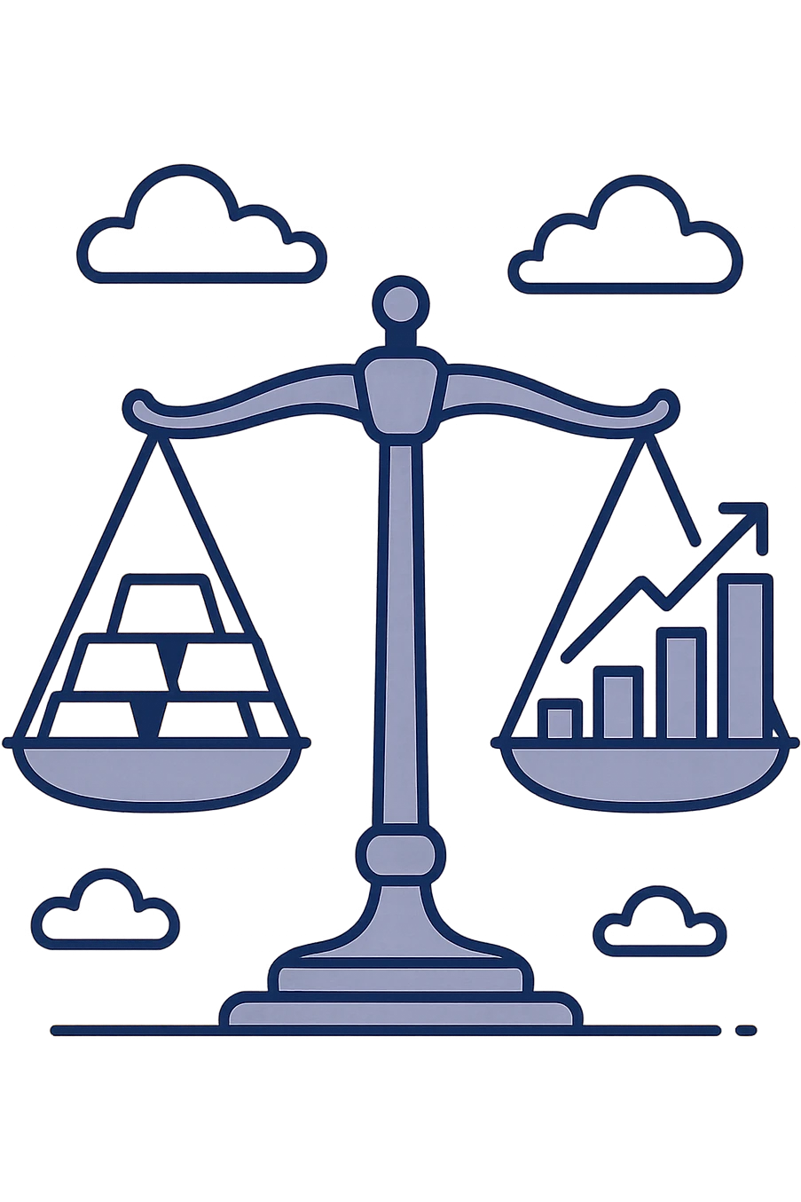 digital balance scale with gold on one side and stocks on the other, flat modern style, Middle Eastern finance theme emoji