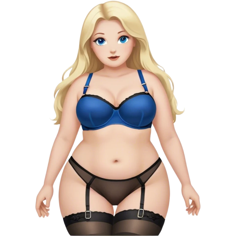 plus size blonde, long hair and blue eyes, intimate, black nylon stocking and garter belt pose, sfw emoji
