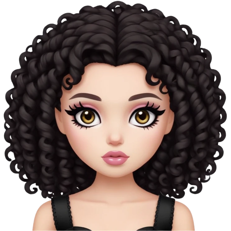 curly dark hair, pale skin, dark black eyes, pretty bratz baddie, black eyeliner, blush emoji