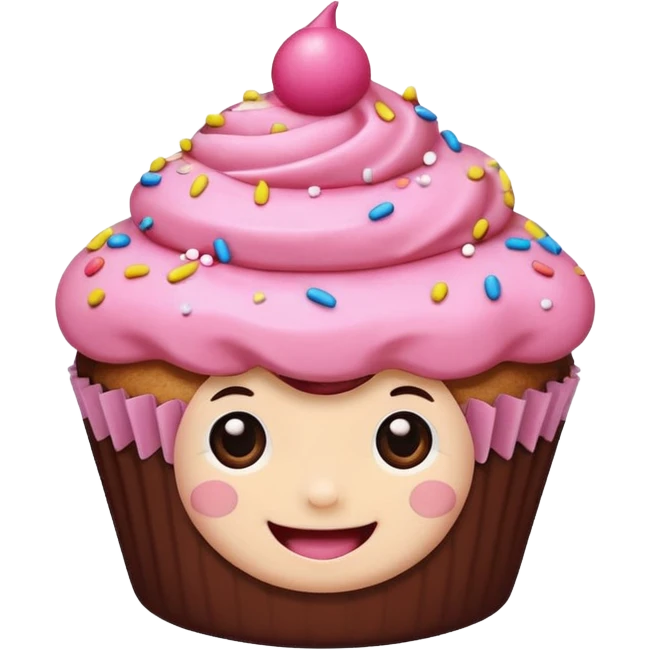 cupcake with pink icing, cute face emoji
