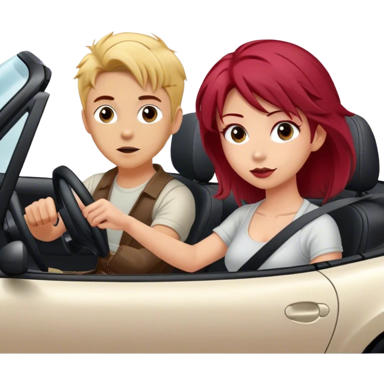 Miata ND with blonde boy driving and a girl with dyed dark red hair in the passenger seat emoji