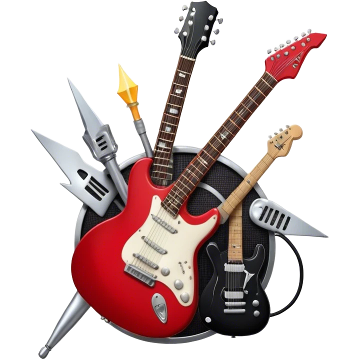 Create a bold and dynamic emoji representing rock vocal performance in a humanless collage. The design should feature a vintage microphone at the center, surrounded by key rock elements like an electric guitar, drumsticks, and a guitar pick. Include symbols of energy, such as lightning bolts or flames, and subtle musical notes or sound waves to evoke the raw power of rock vocals. Use dark, bold colors like black, silver, and red, with hints of chrome or metallic accents to convey the edgy, rebellious spirit of rock music. The background should be transparent. emoji
