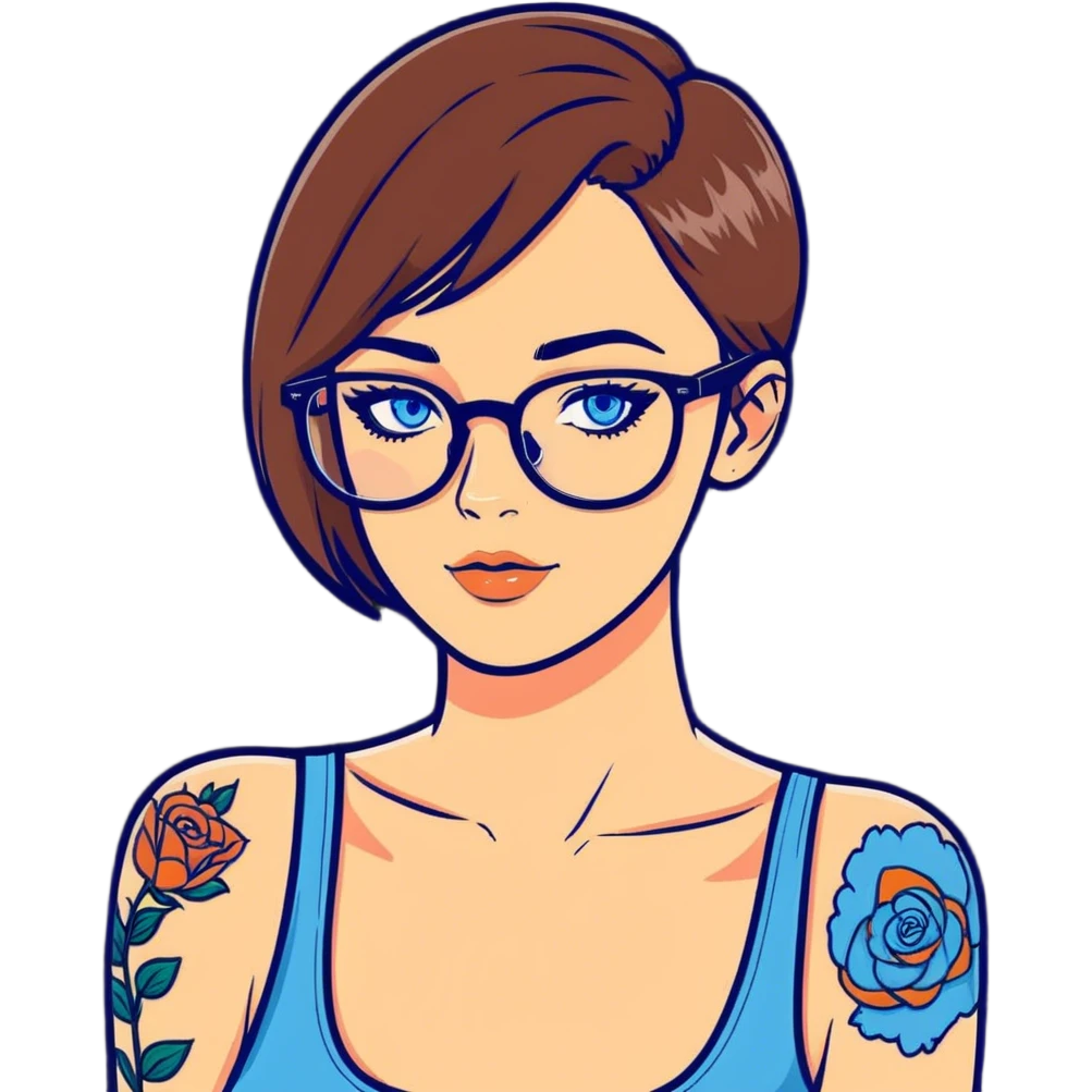 Realistic beautiful woman model, blue eyes and glasses, shoulder tattoo  emoji