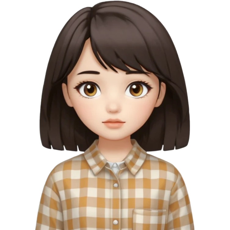 A fair, neutral-toned girl with dark brown layered hair (medium length, curtain bangs) and almond-shaped brown eyes. Doll-like makeup with soft brows, manhwa lashes, and normal lips. Oval face. Wearing an off-white checkered shirt, baggy pants, and minimal silver jewelry. emoji