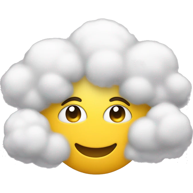 A yellow round emoji with hands on the cheeks, blushing eyes and there is a fluffy white cloud under emoji