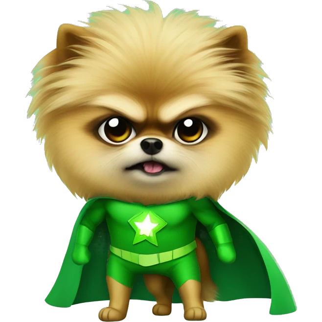 angry pomeranian in green superhero suit emoji
