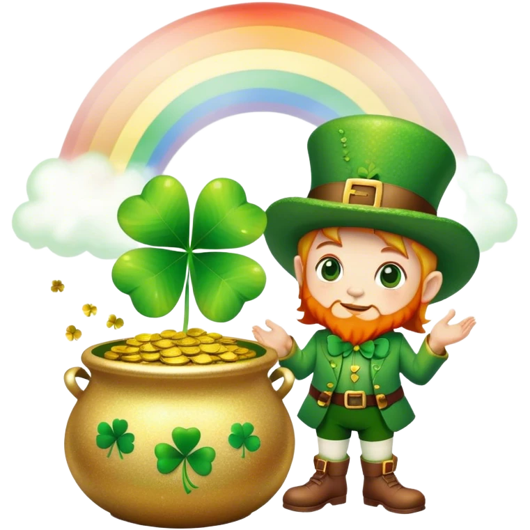 Green glittery four leaf clover with a little leprechaun standing beside the pot of gold with a rainbow  emoji