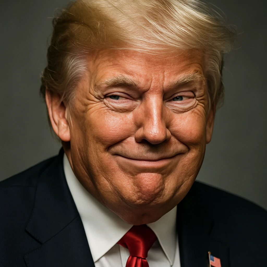 Increase contrast slightly for a more vivid look while keeping the very sly, cunning expression on Donald Trump's face, photorealistic quality, and plain background. The style is photorealistic. emoji