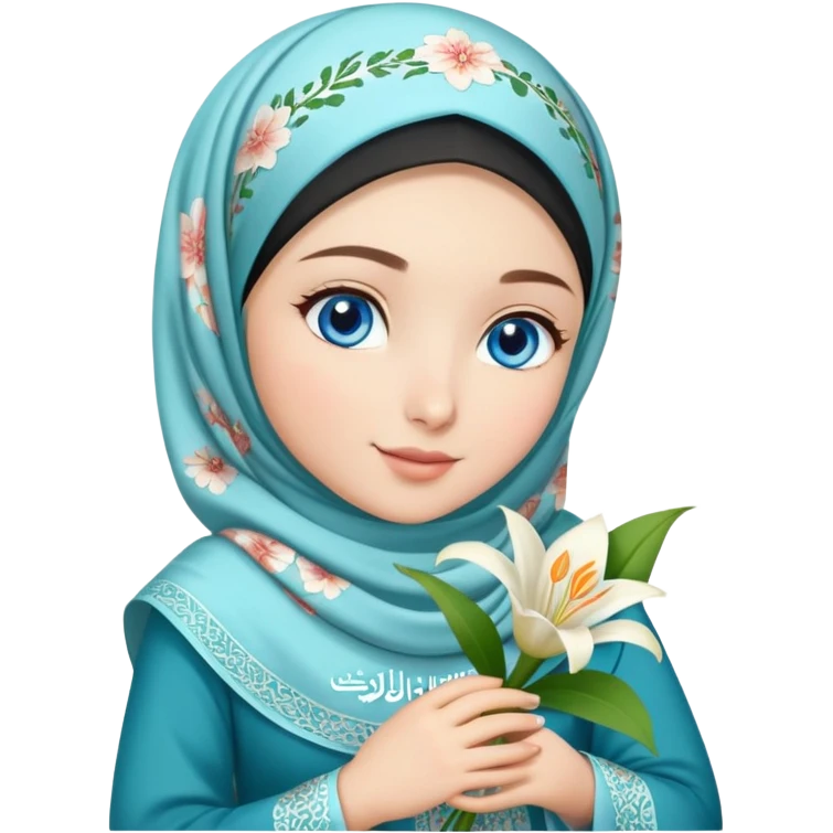 Turkish beautiful finish Konya girl blue eyes with lilies floral hijab islamic dress and had on her hand text Eid Mubarak  emoji