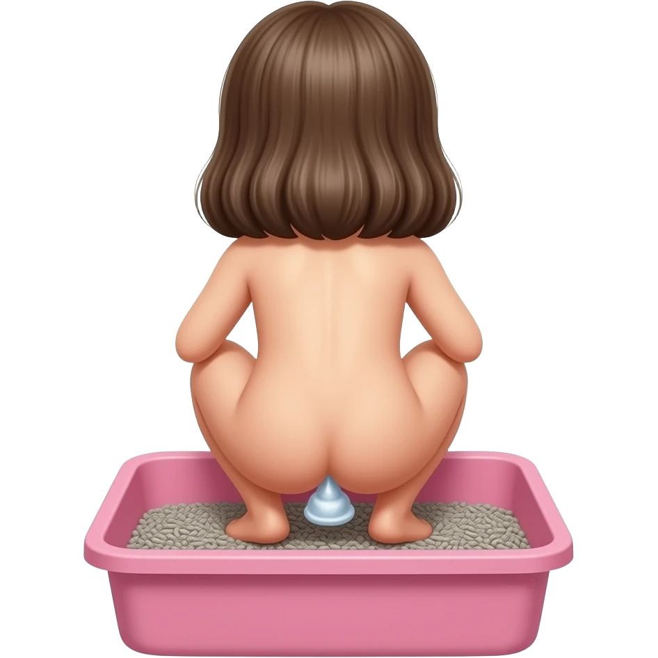 back view of a nude 10yo girl squatting and pooping inside a pink human sized litterbox filled with grey kitty litter emoji