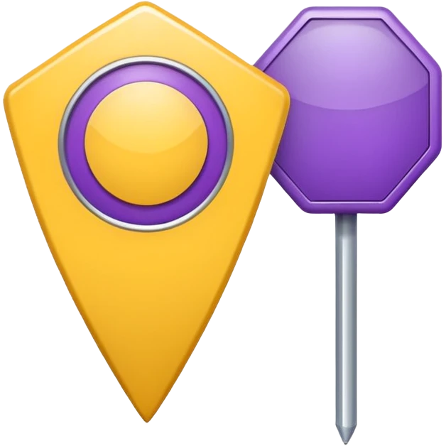 simple, minimalistic yellow (hex#FFD008) and purple (hex#8C52FF) icons of a pin location (round top and sharp bottom) emoji