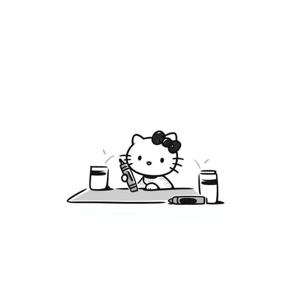 Hello Kitty drawing or writing with a crayon, playful and charming emoji