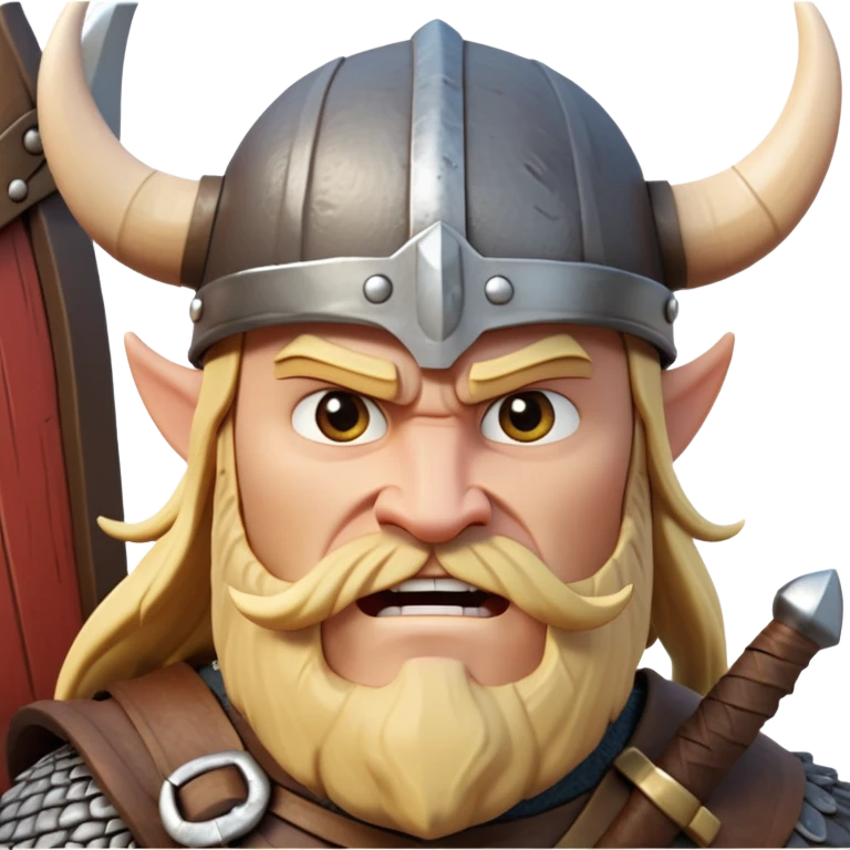 clash-of-clans-aesthetic_-cinematic-comical-viking-portrait-emoji, head tilted dramatically with an exaggerated, fierce expression and wide, comically expressive eyes, featuring a rugged yet cartoonish build with a quirky Viking helmet, standing boldly at the prow of a dragon-headed longship, its intricate dragon details carving through icy waters with epic determination. emoji