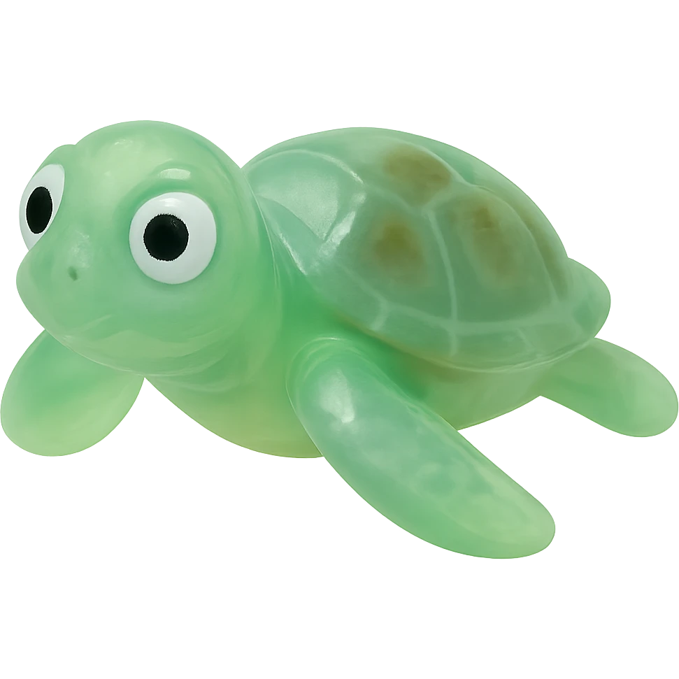 Make the sea turtle even more transparent and slightly see-through, keeping the natural green and brown shell colors, in a retro 90's toy style with derpy eyes, soft plastic texture, soft reflections, soft and squishy appearance, some cloudiness, not shiny, highly detailed and appealing. Remove any tags and background. emoji